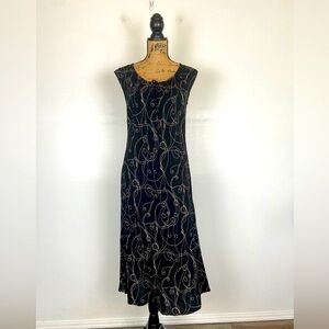 Expressions 90s Y2K Chiffon Midi Dress Size M Floral Black & Cream Semi Sheer